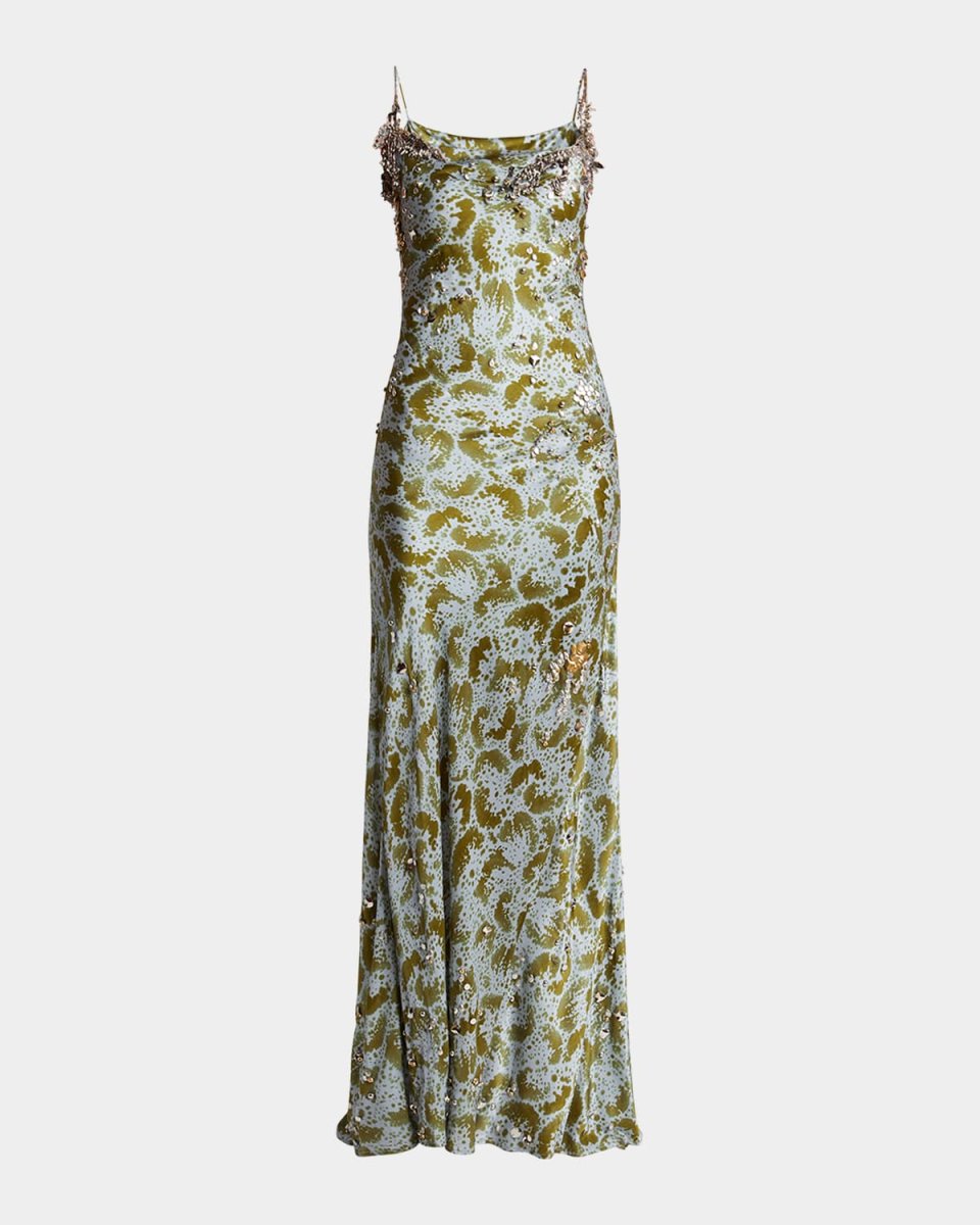 Deryl Cowl-Neck Long Studded Silk Dress